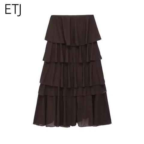 ETJ Women's Layered Tiered Ruffle Midi Skirt with Asymmetrical Hem