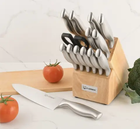 15 Pieces High Carbon Stainless Steel Chef Cutlery Set, Ergonomic Hollow Handles, Wooden Knife Block, Custom Bulk Orders