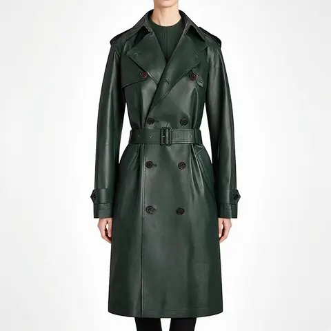 Women's Belted PU Leather Trench Coat