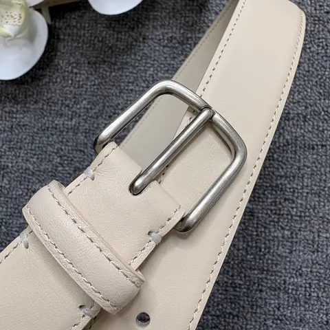 Minimalist style needle buckle calf leather belt, genuine leather women's casual pants belt, silver buckle calf leather white be