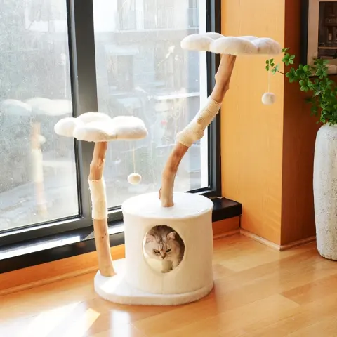 Solid Wood Cat Tree With Condo House And Flower Petals
