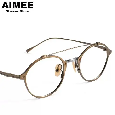 Japanese Handmade Pure Titanium Eyeglasses Men Ultra-light Retro Round Glasses Frame Women Double-Beam Eyewear Spectacles New