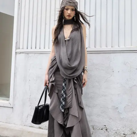 Distressed Flounce-Trimmed Tie-Front Maxi Skirt