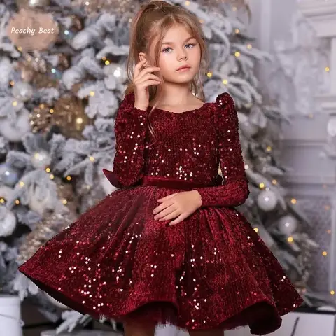 Kız Bebek Uzun Kollu Pul Payetli Yılbaşı Elbisesi