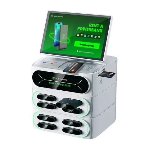 8 Slot OEM Touch-screen Integrated Stackable Cell Phone Charging Station Kiosk Share Power Bank Rental Vending Station with Pos