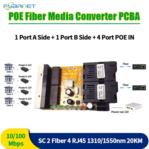10 قطعة التبديل عكس POE MINI 2Fiber 4RJ45 الألياف محول الوسائط البصرية PCBA الألياف البصرية UTP ميناء 10/100 متر PCBA مجلس