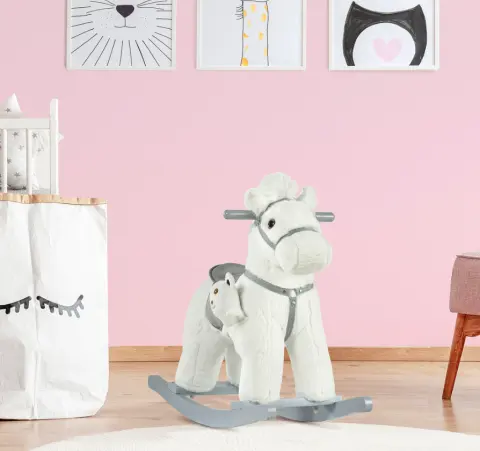 White Plush Rocking Horse With Bear Toy For Kids, Soft Sound Rocker, Ideal For Nursery Playtime