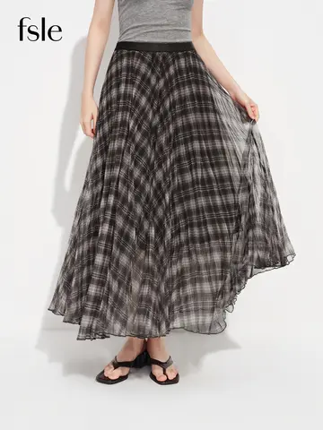 FSLE Women's Retro Plaid Mesh A-Line Ankle-Length Skirt