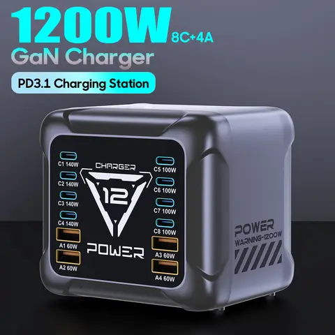 شاحن USB-C بقوة 1200 واط، محطة شحن سريعة GaN PD3.1 بقوة 140 واط و100 واط PPS، محول طاقة من النوع C للابتوب، مناسب لماك بوك وسامسونج S25 وآيفون 17