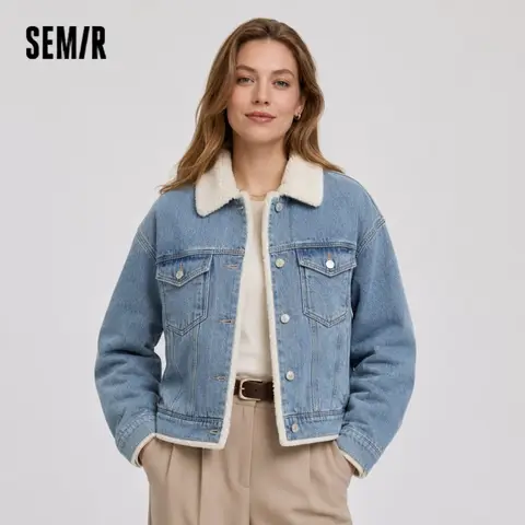 Semir Women Faux Rabbit Fur Collar Padded Denim Jacket