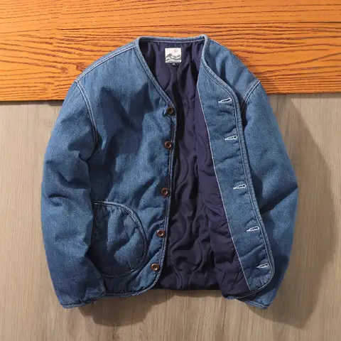 Men's Autumn Winter V-Neck Denim Cargo Jacket