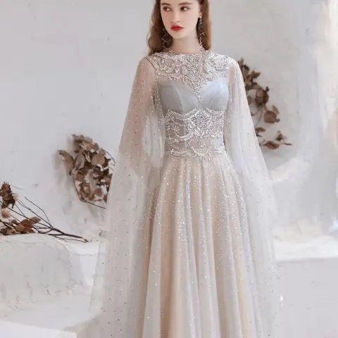Floor Length Gray Evening Dress with Shawl