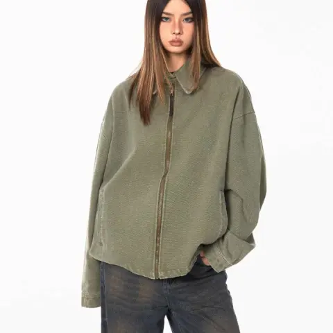 Retro Loose Washed Short Denim Coat with Zipper