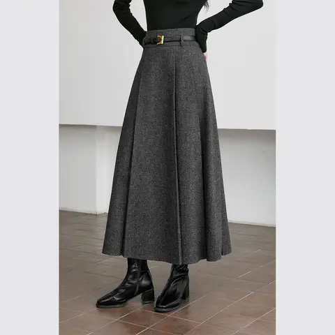 VIMLY Wool Blend Pleated High-Waist Maxi Skirt