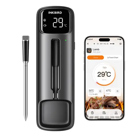 ترمومتر لحوم لاسلكي من INKBIRD بمستشعرين، مدى 328 قدم، بطارية تدوم 25 ساعة، مقاوم للماء IP67، شاشة LED للشواء والتدخين