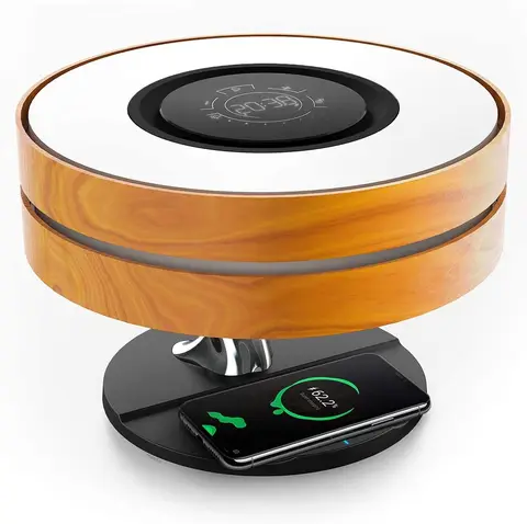 New Arrival Smart LED Wooden Table Lamp Wireless Speaker and Mobile Phone Charger Multi Functional Desk Light Trending Product