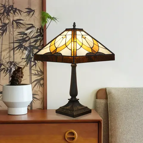 Tiffany Contemporary Table Lamp Bronze Brown Glass Art Shade Incandescent Bulb Decor Living Room Bedroom Bedside Nightstand Home