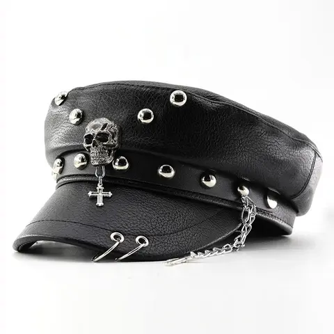 Fashion Women Beret Punk Style Pu Leather Flat Top Military Caps Women's Accessories