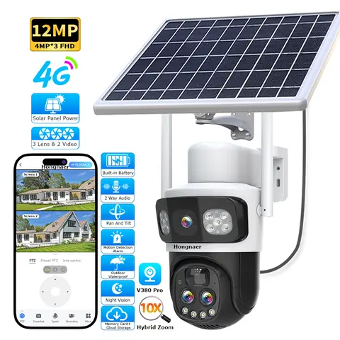 كاميرا مراقبة Hongnaer 12MP 6K خارجية 4G لاسلكية IP PTZ بـ 3 عدسات وتكبير 10X كاميرا أمنية CCTV V380 Pro بشريحة 4G تعمل بالطاقة الشمسية