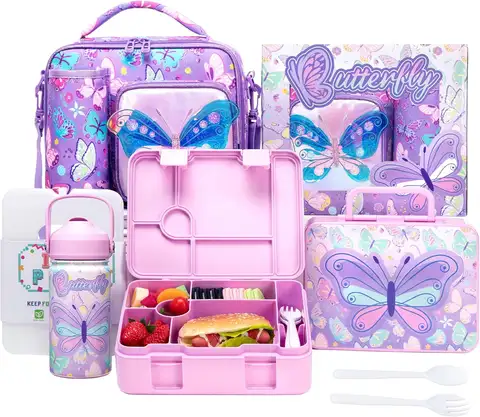 Çocuk Kelebek Desenli Bento Öğle Yemeği Seti, Çanta, 330 ml Çelik Matara ve Buz Akülü