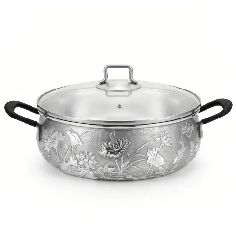 925 Sterling Silver Elegant Embossed Silver-Tone Cooking Pot with Intricate Lotus and Fish Patterns - Handicraft