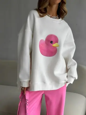 Bornladies Kadın Ördek Baskılı Bol Kesim Bisiklet Yaka Sweatshirt