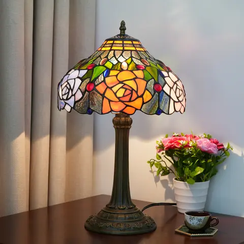 12 Inches Stained Glass Table Lamp Rose Red Orange Pink Green Leaves Design Table Lamp for Decorated Living Romm Bedroom Bedside