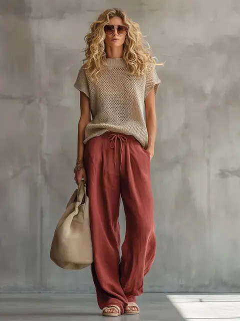 European And American Cross-Border Women's Retro Short-Sleeved Knitted Top And Brick-Red Cotton-Linen Wide-Leg Pants Set