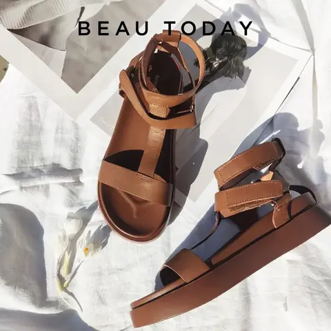 صندل غلادياتور نسائي من جلد البقر الطبيعي بنعل سميك BeauToday