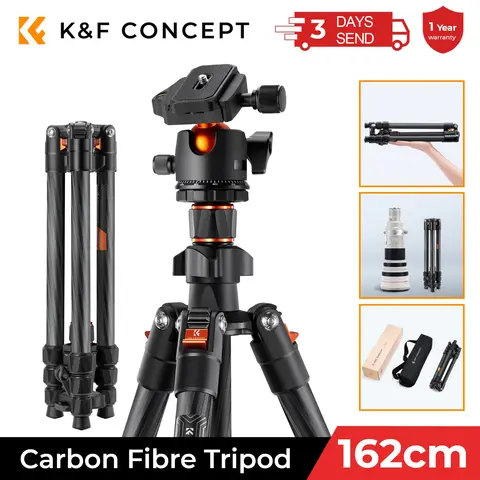 K&F CONCEPT 64"/1.6m Carbon Fiber Lightweight Travel Tripod with 36mm Metal Ball Head 8kg/17.6lbs and Quick Release Plate Tripod