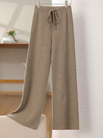 بنطال نسائي واسع الأرجل بخصر عالٍ من صوف الميرينو 100%