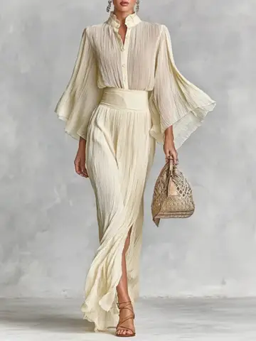 Women's Elegant Party Skirt Set - Ruffled Sleeve Top & High-Waist Maxi Skirt