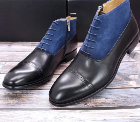 Men's Leather Pointed Toe Carved Brogue Ankle Boots