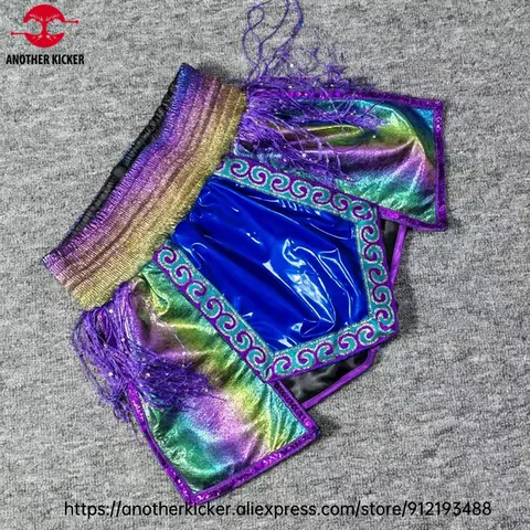 Glittery Gradient Fringe Boxing Shorts Eye-catching Fight Gear Stylish Muay Thai Shorts Purple BJJ MMA Sparring Kickboxing Pants