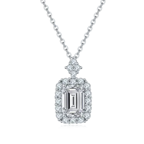 قلادة مويسانيت من الفضة الإسترلينية S925 بقطع زمردي 1.0ct ترصيع هالو بافيه لون D ونقاء VVS1 معتمدة من GRA بطول 45cm مع علبة هدايا