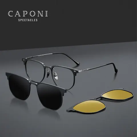 CAPONI Magnetic Men's Glasses Polarized Night Vision Clip Combine 3 In 1 Eyeglasses Frame Classic Anti Blue Light Glasses J23169