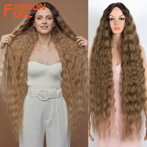 Synthetic Wigs Cosplay Loose Wave Hair Lace Front Wigs For Women Ombre Brown Water Wave 42 Inch ​Curly Hair Heat Resistant Wig