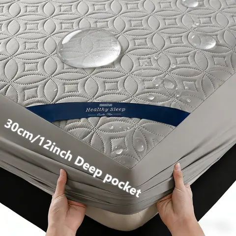 Ultrasonic Quilted Waterproof Antibacterial Mattress Protector Breathable Ultra Soft Noise Free 30CM Deep Pocket Fitted Sheet