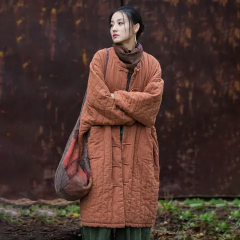 Women's Vertical Plaid Cotton-Padded Robe Coat