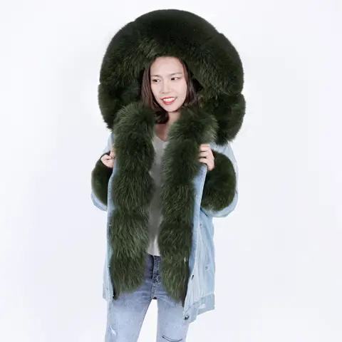 Medium Length Denim Style Coat with Detachable Fur Liner