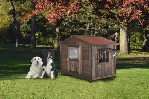 Unique All-Around Iron Frame,Outdoor Large Wooden Cabin House Style Wooden Dog Kennel