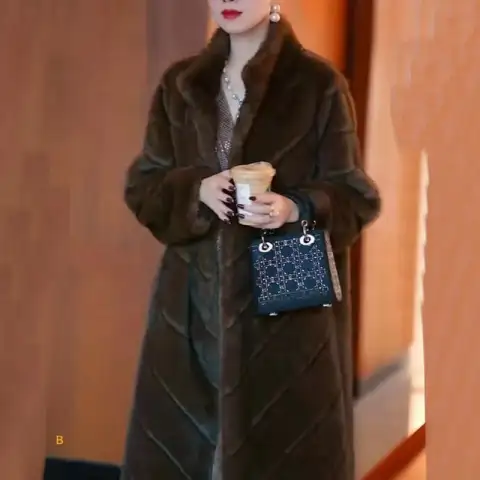 Women's Mid-Length Warm Fur Coat with Large V-Neck