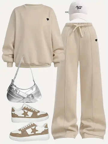 Kız Çocuk Sweatshirt ve Bol Paça Eşofman Takımı,7–13 Yaş