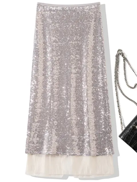 Sequined Voile Back-Slit Midi Skirt