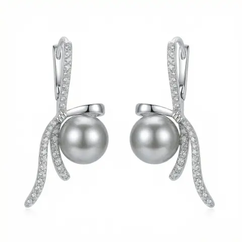 925 Sterling Silver Elegant Silver Ribbon Bow Earrings Featuring Radiant Gray Pearls and Shimmering Accents
