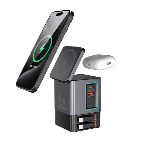 2026 Factory QI2 Wireless Charging 105W Combo Charger 7 in 1 Station with Retractable Charging Cable USB C Power Strip Multiple
