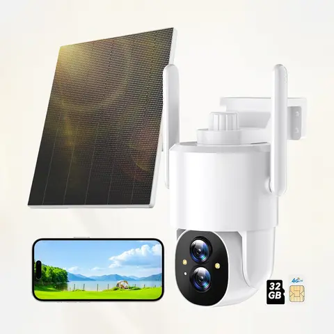 لا حاجة لـ Wi-Fi، كاميرا مراقبة - 360° PTZ، اشتراك بيانات غير محدود، خلوي 4G LTE، تعمل بالطاقة الشمسية، رؤية ليلية