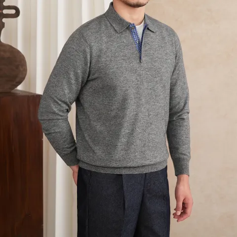 Men's Slim-Fit Wool Knitted Long-Sleeve Polo Shirt