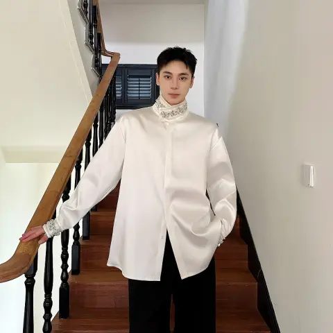 Men's Satin Long Sleeve Shirt with Sequins and Stand Collar
