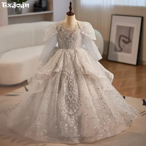 Kız Çocuk Lüks Boncuk Nakışlı Uzun Kollu Balo Elbisesi